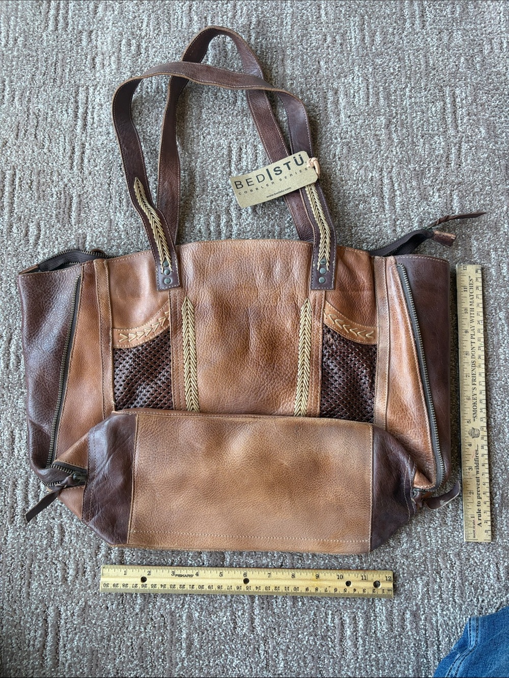 NWT Bed Stu Amelie Two-Tone Brown Leather Shoulder Tote - Picture 3 of 7